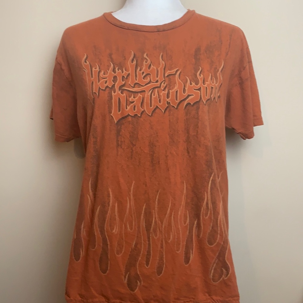 Distressed Harley Davidson Flame Burnt Orange Tee